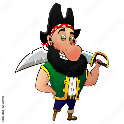 Cartoon pirate with a saber on his shoulder. Vector illustration. Eps 10