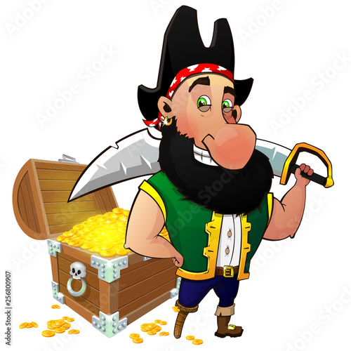 Cartoon pirate with a saber on his shoulder guards the treasure. Vector illustration. Eps 10
