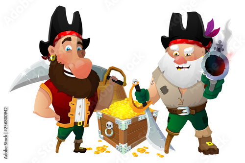 Two pirates guard treasure chest. Vector illustration. Eps 10
