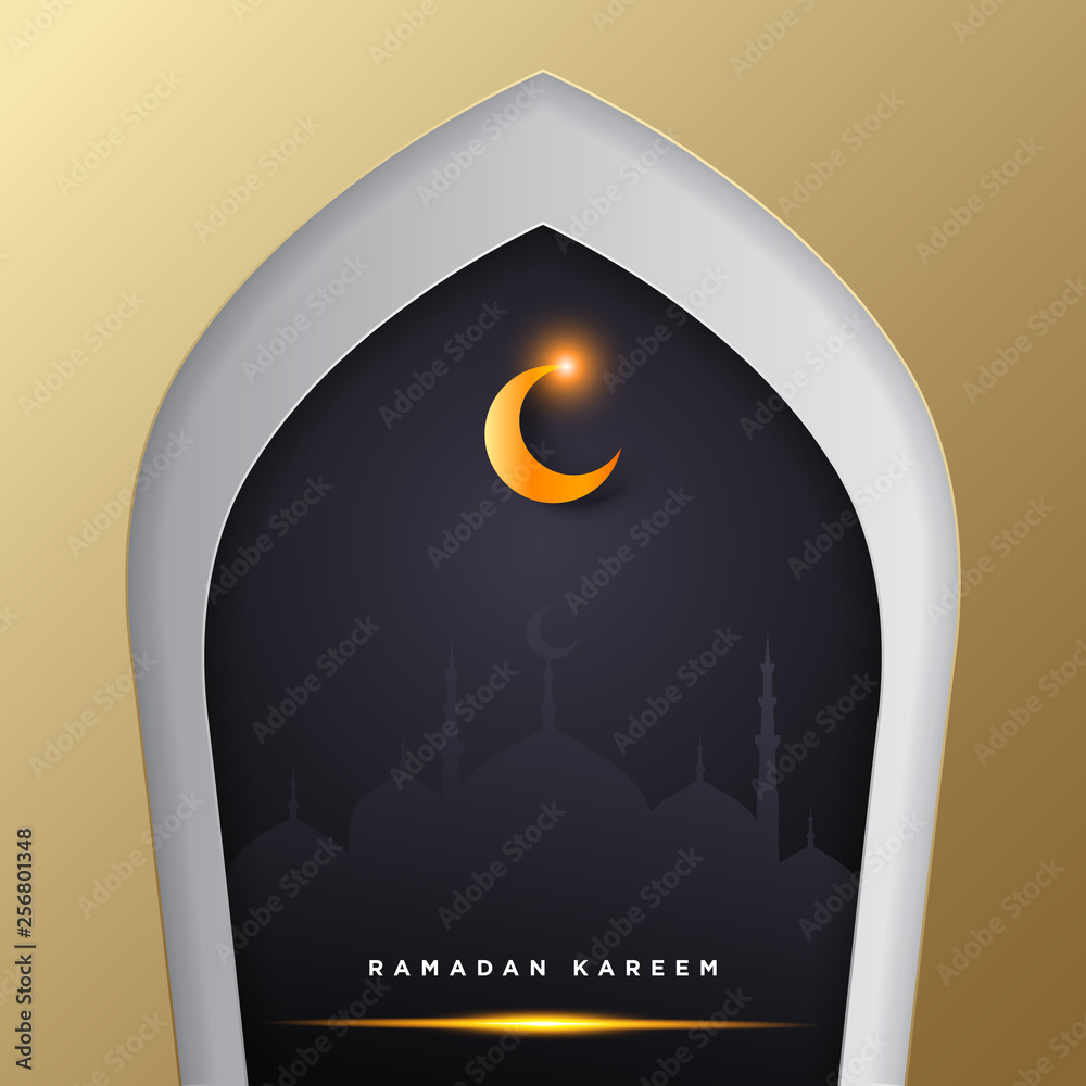 Islamic mosque door for ramadan kareem vector greeting banner background with art paper cut style, shiny moon and mosque scenery. Creative design card, poster. Traditional Islamic holiday