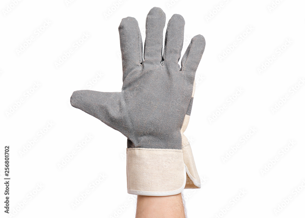 Worker showing gesture open palm and five fingers. Male hand wearing