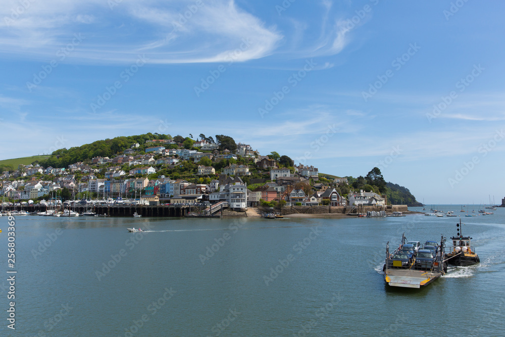 Dartmouth Devon view of Kingswear and car ferry across the River Dart in beautiful spring weather 
