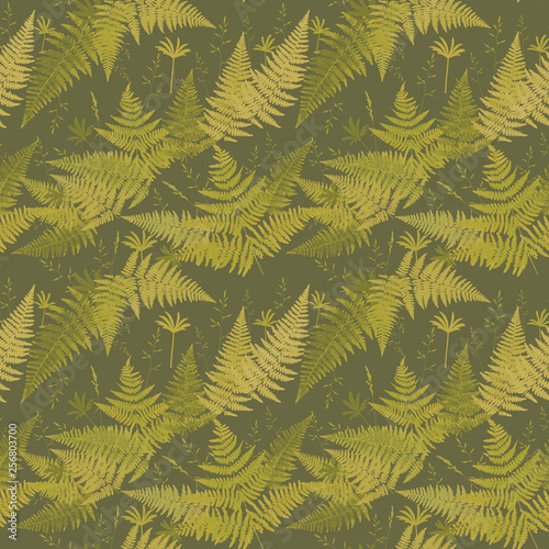 Fern leaf drawing seamless pattern. Floral green umber  background for textile, fabric, wallpapers, covers, print, decoupage. Forest pacifying ornament.
