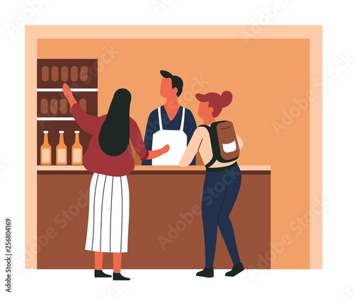 Shop or liquor store vendor and customers bottles on shelf