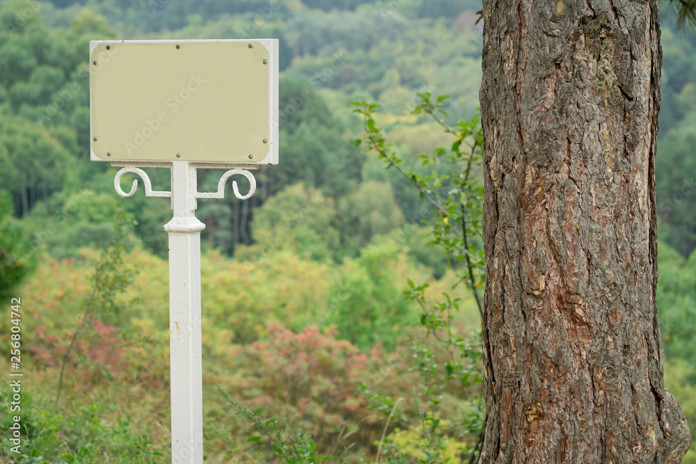 White blank sign on a forest background. Warning sign.