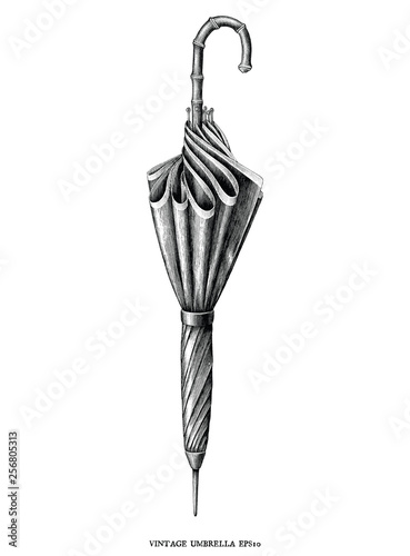 Antique engraving vintage illustration style of Umbrella black and white clip art isolated on white background