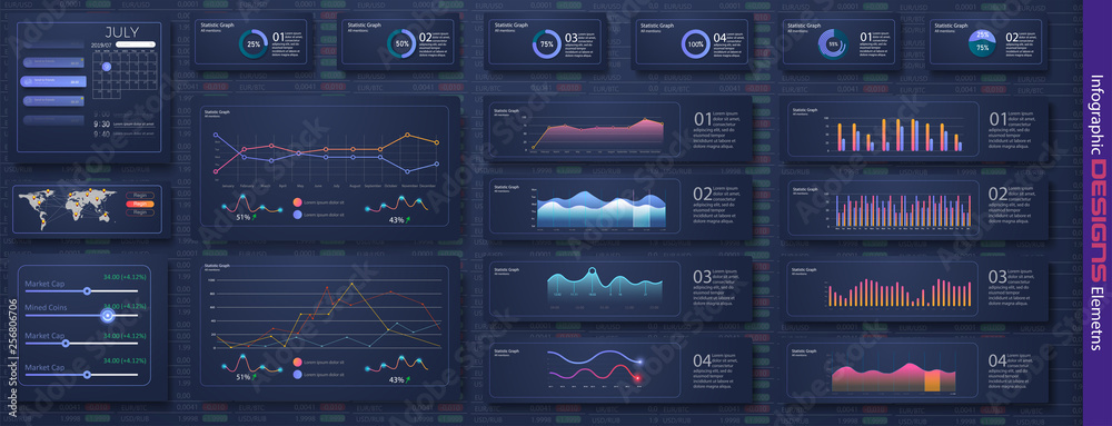 Modern infographic vector template with statistics graphs and finance. Diagram template and chart graph, graphic information visualization illustration.Information Graphics elements for UI UX design