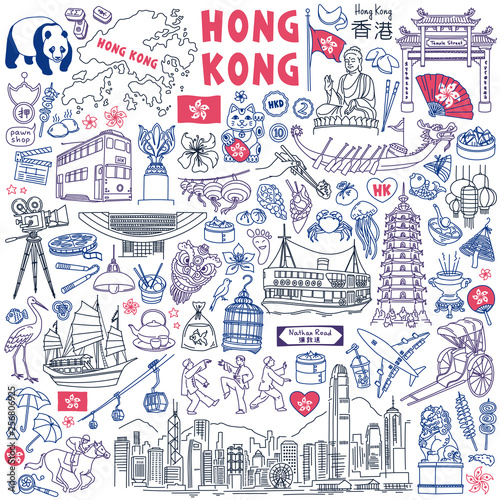 Hong Kong doodle set. Skyline, food, landmarks. Hand drawn vector illustration isolated on background. Chinese characters translation:"Hong Kong","Pawn Shop","Nathan Road", "East"(mahjong tile). 