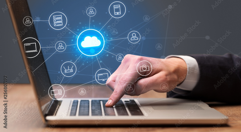 Businessman hand typing with cloud technology system and office symbol concept
Businessman hand typing with cloud technology system and office symbol concept