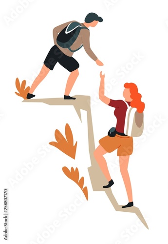 Couple climbing mountains hiking man and woman cliff
