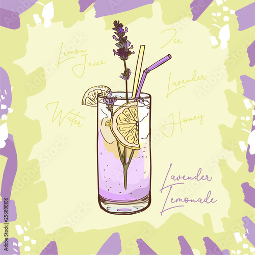 Lavender Lemonade homemade classic in glass cup with drinking straw and lemon wedge. Refreshing summer drink vector clip art illustration, doodle style drawing.