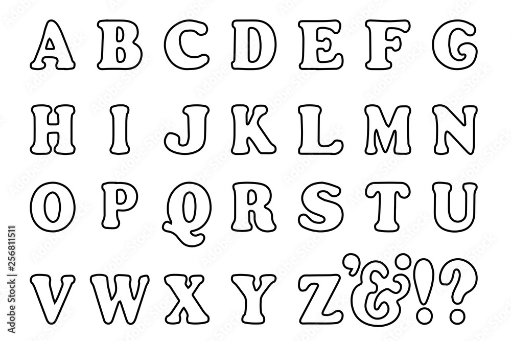 Cute bold colored latin alphabet in baby style black and white outlines Cute bold colored latin alphabet in baby style black and white outlines