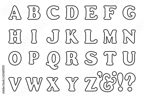 Cute bold colored latin alphabet in baby style black and white outlines