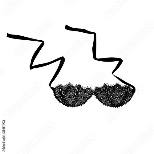 Women bra. Fashion design. Vector. Lacy black female bra hand-drawn style. Black Bra icon. Elegance lingerie illustration. Lace Bra. Perfect for logo, logotype, invitation, greeting card, poster, etc