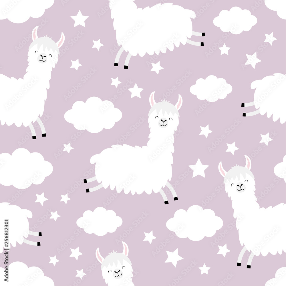 Fototapeta premium Seamless Pattern. Cloud star in the sky. Alpaca llama jumping. Cute cartoon kawaii funny smiling baby character. Wrapping paper, textile template. Nursery decoration. Violet background. Flat design