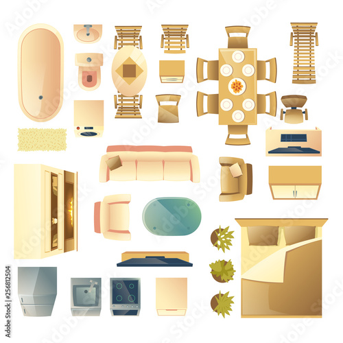 Modern living and bedroom wooden furniture, kitchen and bathroom appliances top view cartoon vector illustration set isolated on white background. Home or apartment interior design elements collection