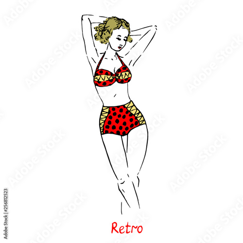 Portrait of sexy blonde retro pin up girl in red polka dot retro type of swimsuit with inscription, hand drawn outline doodle, sketch in pop art style, black and white vector illustration