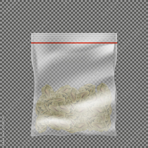 Marijuana buds packed in polyethylene packet with ziplock fastener 3d realistic vector isolated on transparent background. Legalized light narcotics product. Cannabis plant sealed and ready for sale
