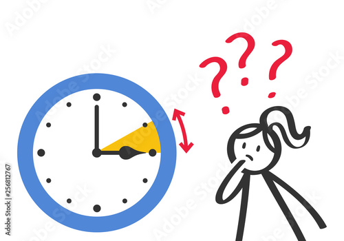 Zeitumstellung, Frau schaut auf Uhr mit Fragezeichen