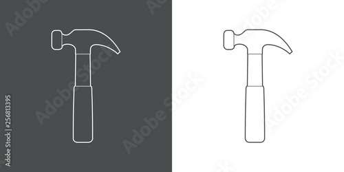 Icono plano lineal martillo en gris y blanco