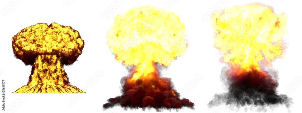 Obraz premium 3D illustration of explosion - 3 large highly detailed different phases mushroom cloud explosion of fusion bomb with smoke and fire isolated on white
