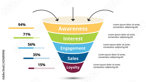 Vector sales funnel with arrows for marketing and startup business. Infographic template. Can be used for presentation slide. 5 steps, parts, options.