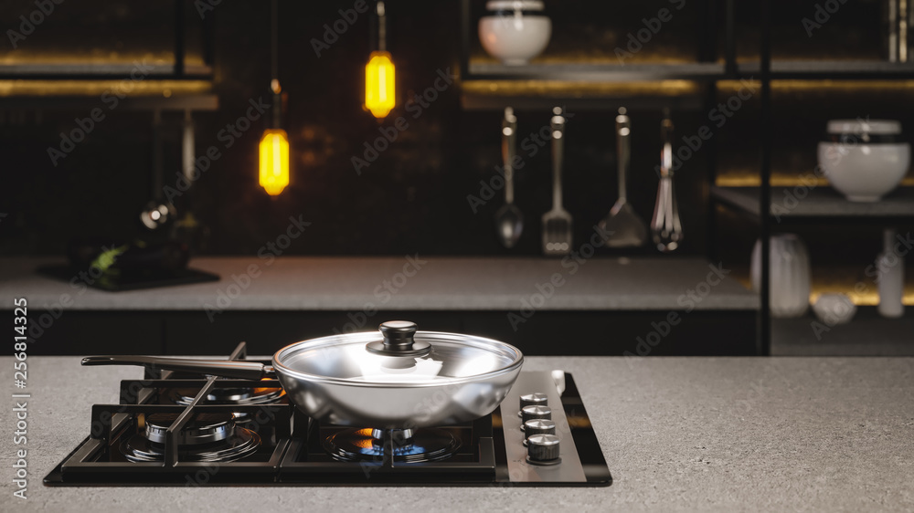 The new frying pan on the black glass cooking plate in the black loft interior with a Adison bulbs