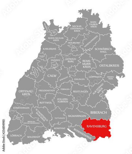 Ravensburg county red highlighted in map of Baden Wuerttemberg Germany