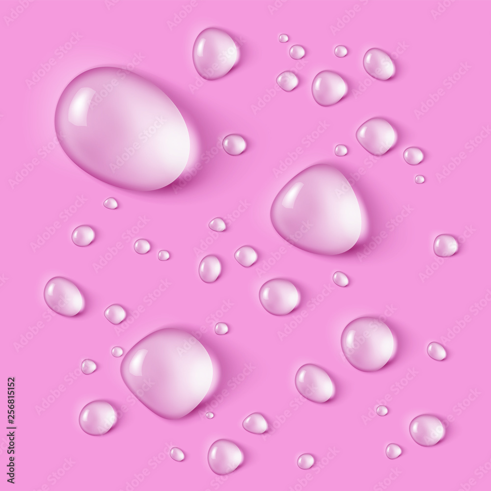 Set of realistic water drops on pink background. Set of realistic water drops on pink background.