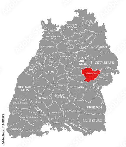 Goeppingen county red highlighted in map of Baden Wuerttemberg Germany photo