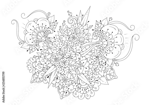 Hand drawn backdrop. Coloring book, page for adult and older children. Black and white abstract floral pattern. Vector illustration. Design for meditation.