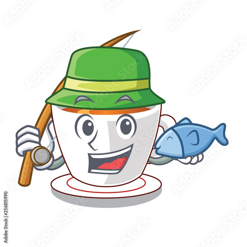 Fishing cup mint tea isolated with character