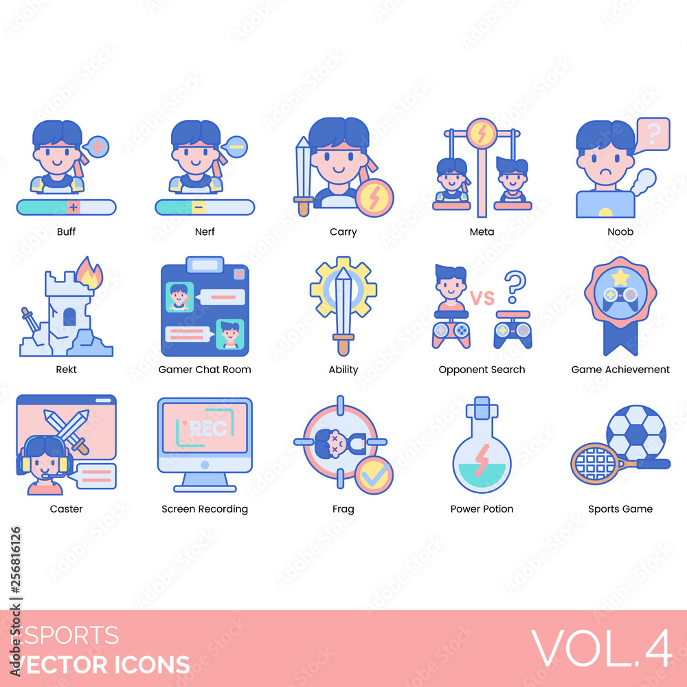 Esports icons including buff, nerf, carry, meta, noob, rekt, gamer chat room, ability, opponent search, game achievement, caster, screen recording, frag, power potion, sports.