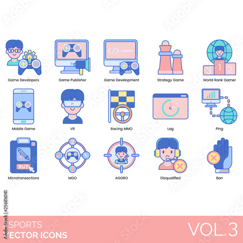 Esports icons including game developer, publisher, development, strategy, world rank gamer, mobile, VR, racing MMO, lag, ping, microtransaction, MGO, AGGRO, disqualified, ban.