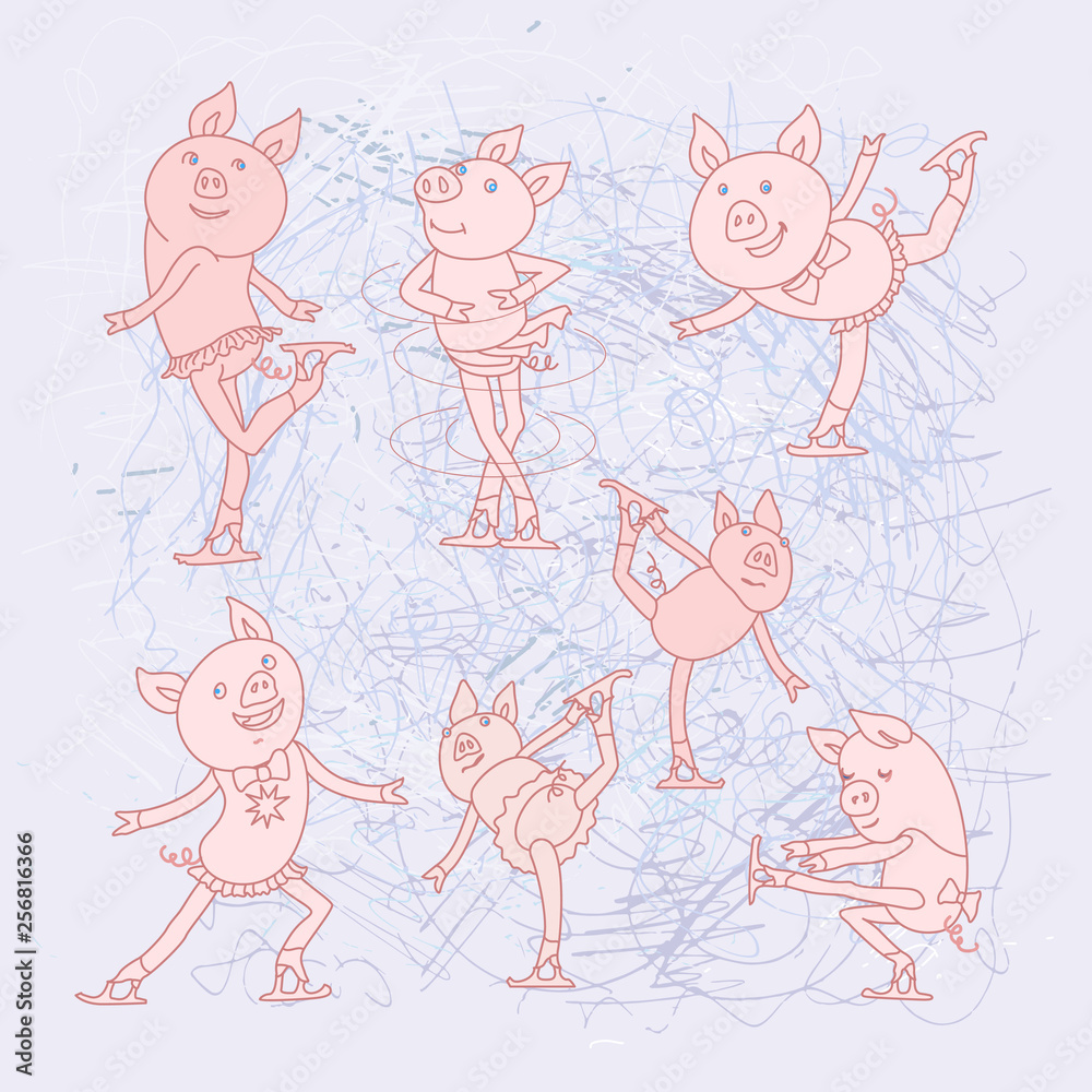 Set of Cartoon funny pink pigs skating on blue scratched ice background.  Funny animals in a