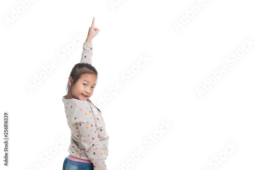 Cute kid southeast asian girl age 7 years in acting isolated on white