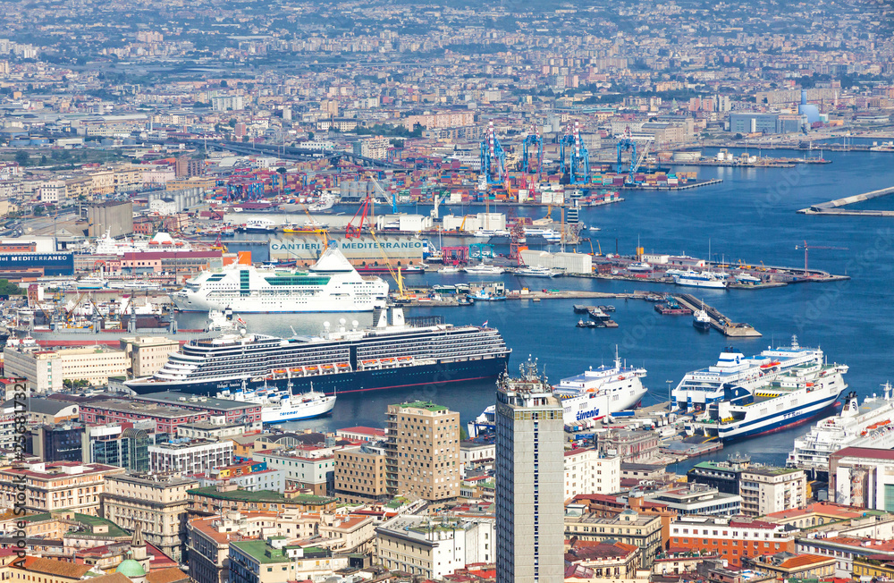 Aerial view of Port of Naples city (Napoli). One of the largest Italian seaports and one of the largest seaports in Mediterranean Sea basin