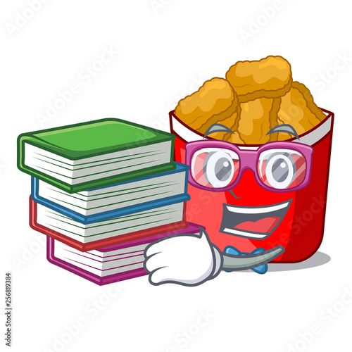Student with book chicken nuggets in a mascot bowl