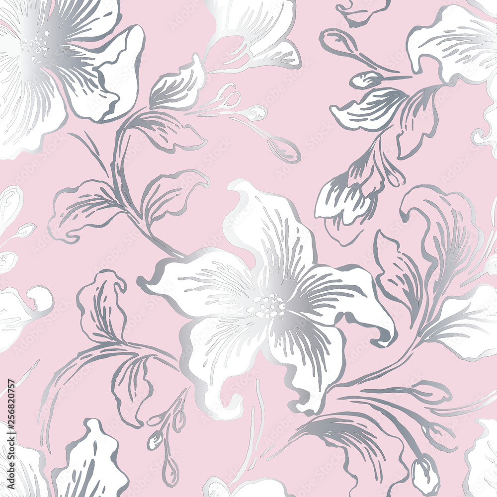 Rose silver flower seamless pattern for background, wrapping paper, fabric, surface design. stock vector illustration in fancy tender style. Rose silver flower seamless pattern for background, wrapping paper, fabric, surface design. stock vector illustration in fancy tender style.