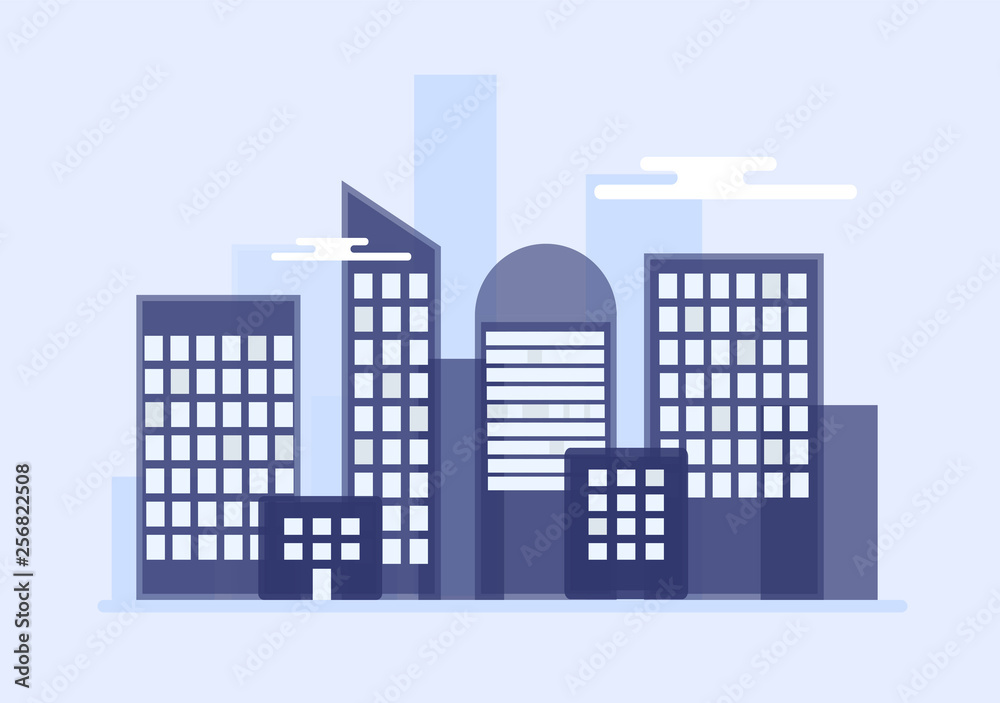City in flat style with clouds. Vector 