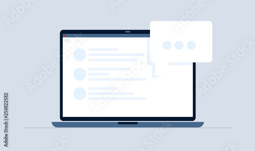 Online chatting with people icon on notebook. Flat style. Vector