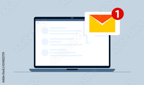 One notification email on notebook. Flat style. Email marketing. Vector photo