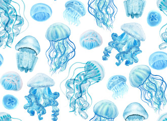 Sierkussen Zeedieren patronen Jellyfish seamless pattern hand-drawn with watercolor  © Sveta_Aho