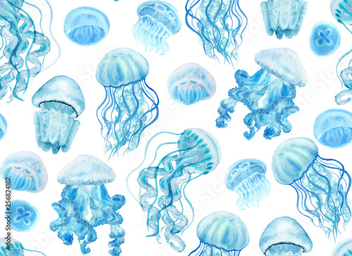 Jellyfish seamless pattern hand-drawn with watercolor