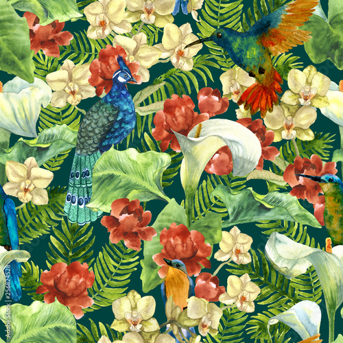Tropical pattern with paradise birds, flowers and palms