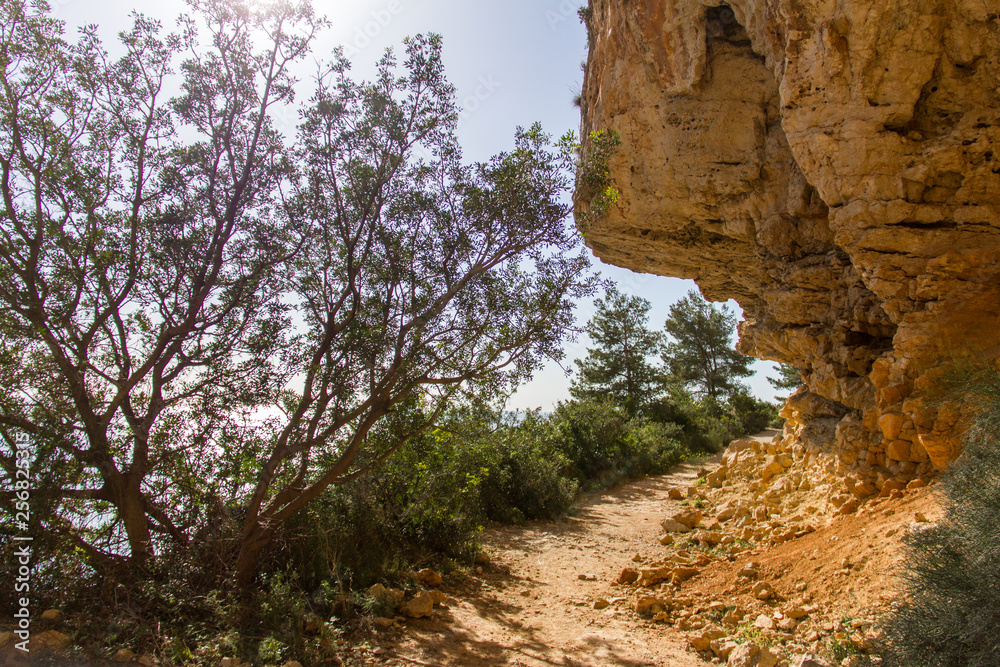A path through a cliff at Moraig cove beach in Benitatxell, Alicante, Spain