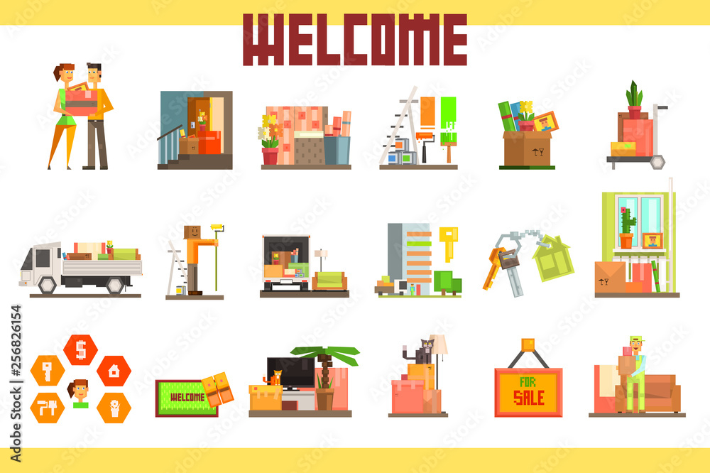 People moving to new house with things and home furniture. Repair in apartment. House for sale. Design for real estate company, website, mobile app. Flat vector icon People moving to new house with things and home furniture. Repair in apartment. House for sale. Design for real estate company, website, mobile app. Flat vector icon