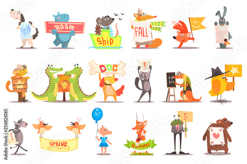 Set of wild animals and domestic pets with various messages. Funny cartoon creatures. Flat vector design for children s book or mobile game