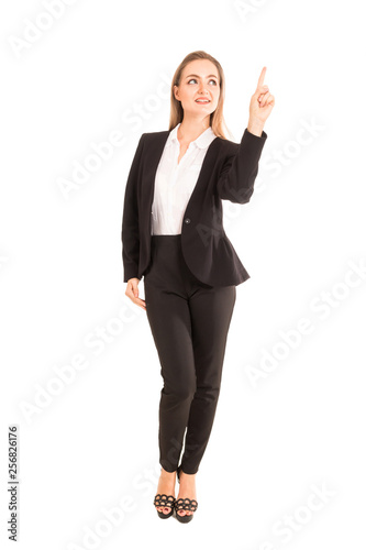 Business woman touching the screen with her finger isolated on white