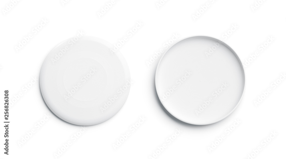 Blank white plastic frisbee mockup, isolated, front and back, 3d rendering. Empty frisbie for throwing mock up, top view. Clear round toy for playing with dog tempalate. Blank white plastic frisbee mockup, isolated, front and back, 3d rendering. Empty frisbie for throwing mock up, top view. Clear round toy for playing with dog tempalate.